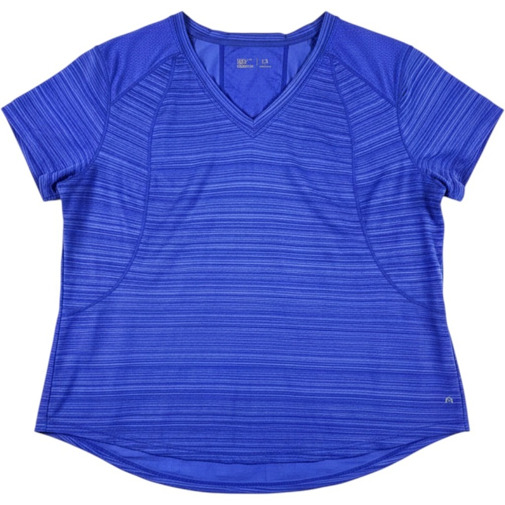Xersion Womens 2X Plus Blue Space Dye V-Neck Active Shirt Slim Fit Short Sleeve